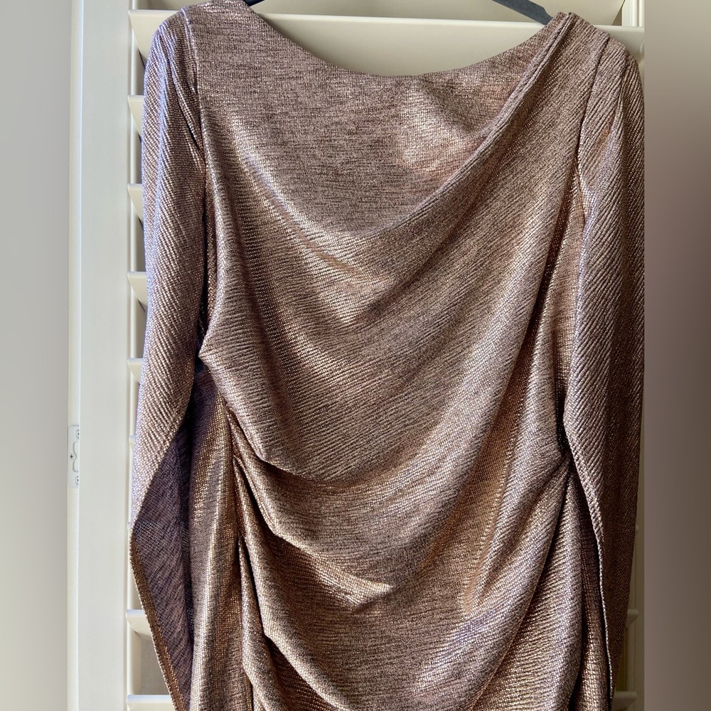 R&M Richards SZ10 Rose Gold cocktail dress knee length worn once attached cape